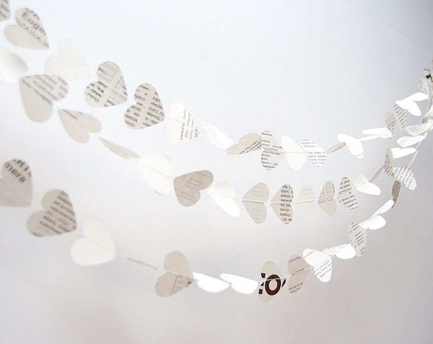 Paper heart garland bunting shaped recycled book paper 12 ft modern wedding party photo booth home decor bridal baby shower nursery kids