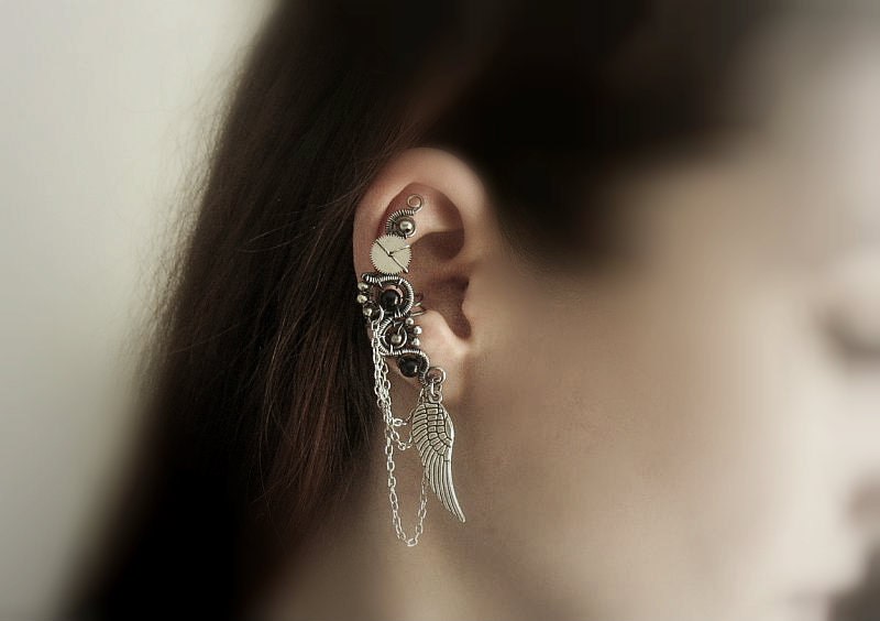 Rare Steampunk Ear Cuff, Ear cuff With Chains, Winged Earring, Silver Ear cuff, Clockpunk jewellry, Wire jewelry, Steampunk earrings - MayaHandmade
