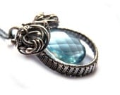Blue Topaz Necklace - Silver Wire Wrapping - Luxury Statement Necklace - Dusk Blue Pastel - Mist Cloud Rain - Teardrop Swiss Blue - Romantic