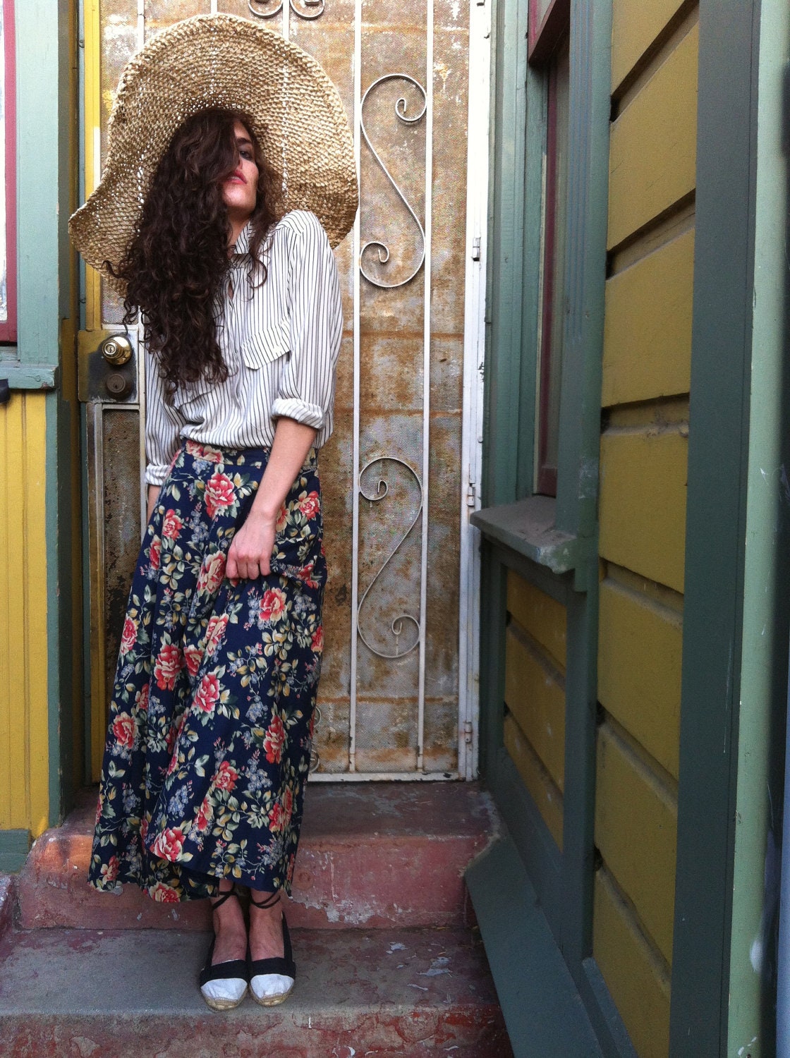 Vintage 80s 90s Floral Print Cotton Flowy Boho Laura Ashley Skirt Sz Small