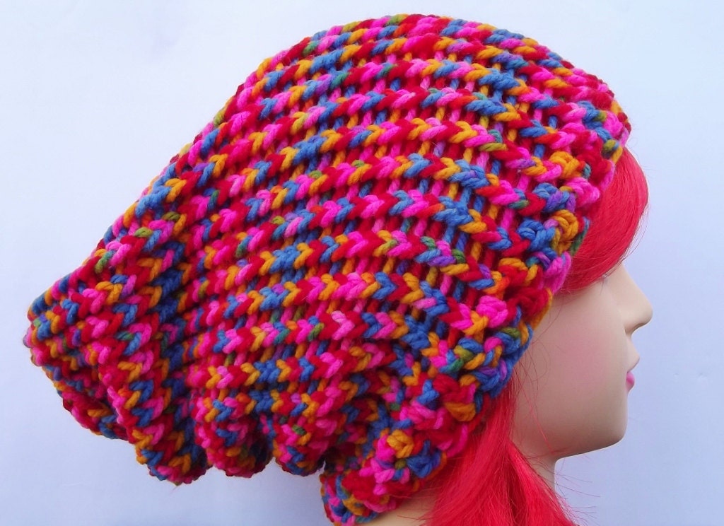 Knit Slouch Beanie, Slouchy Hat In Pink Rainbow   ' In Stock / Ready To Ship '