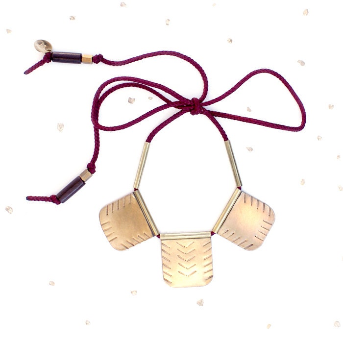 Tribal Brass Statement Necklace / modern metalwork jewelry / gold fan collar, oxblood red cord / hammered arrow design