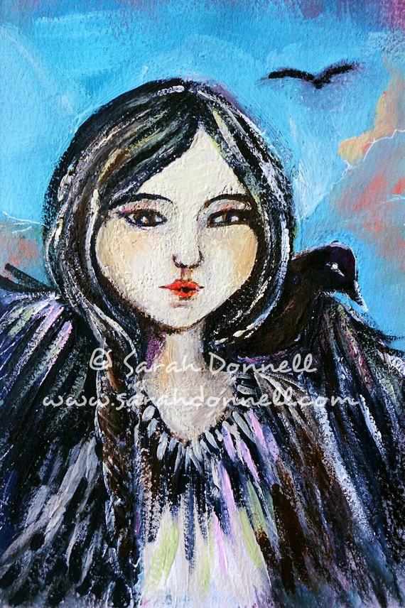 Original Artwork Spirit Animal Totem Mixed Media Girl Woman Watercolor Painting Acrylic Medicine Shamanic Spiritual Art sarahdonnell - Crow
