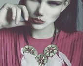 ON SALE White swan feathers , vintage  brass compoments , black velvet cord statement neckkace