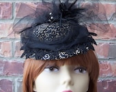 Victorian  Steampunk  Fascinator Mini Riding Hat Black and Gold-Black Fascinator Hat
