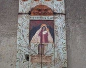 Large Wooden Rustic Painted Handmade Shrine Catholic Shrine Religious Shrine Original Wood Sculpture Art