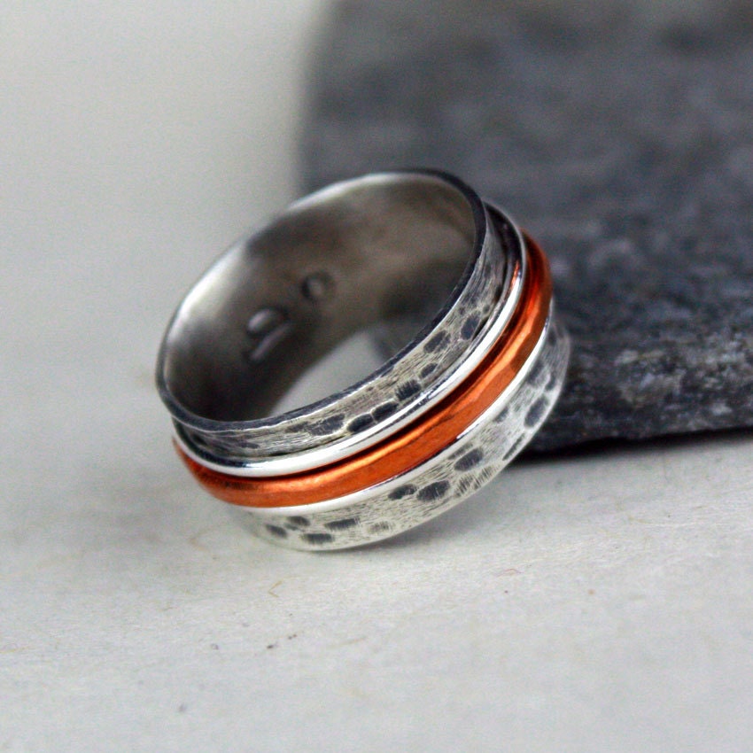 Sterling Silver Spinner Ring, Birch Bark Texture - Copper and Silver Bands