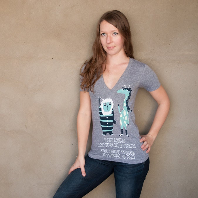 The Air Between - Lion and Giraffe - hand printed t-shirt - Silk screened ladies tee