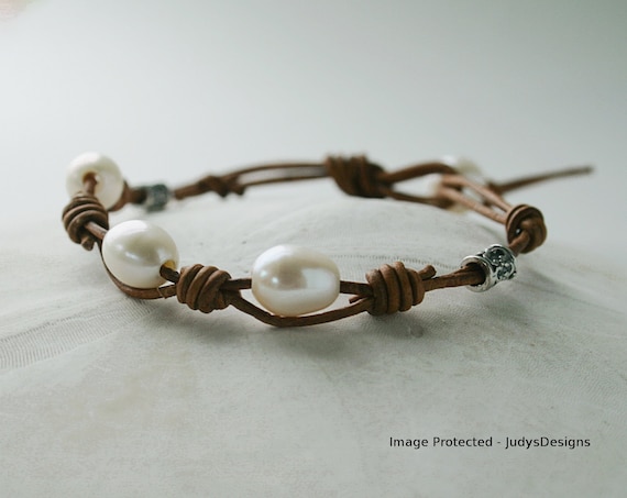 Leather & pearl bracelet, tan leather, white pearl, sterling silver