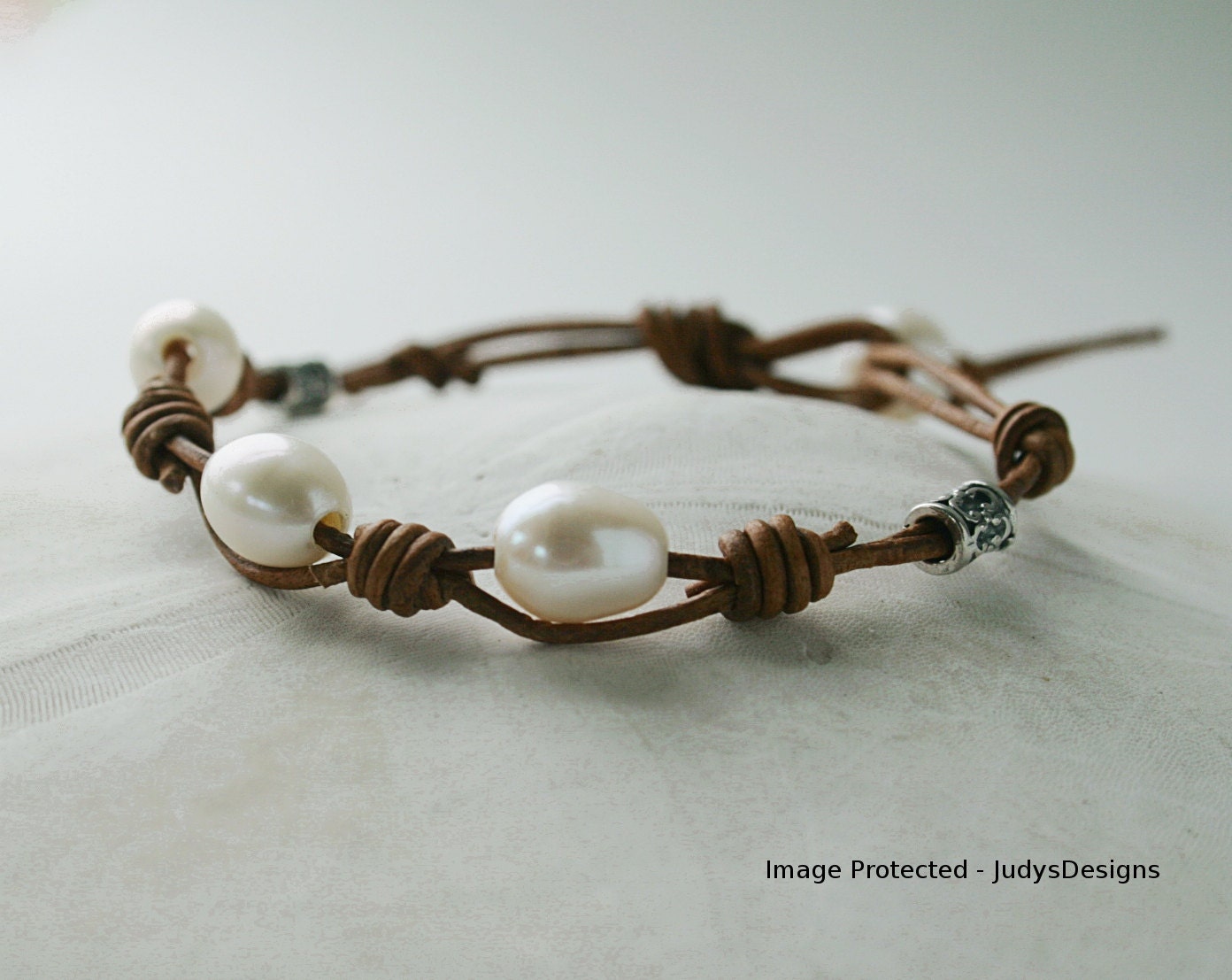 Leather & pearl bracelet, tan leather, white pearl, sterling silver