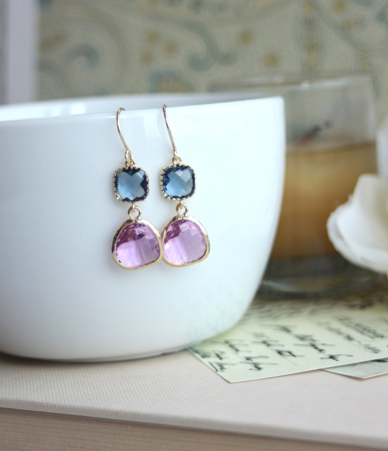 Montana Dark Blue Framed Glass, Purple Lavender Glass Drop Dangle Earrings. Modern Everyday. Wedding. Bridesmaids Jewelry. Purple Wedding