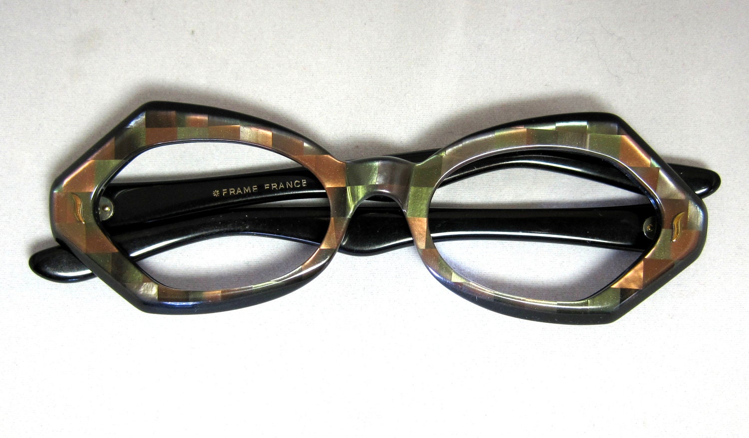 Reserved for Brenda: Vintage 60s Mod Green and Brown 3D Eyeglasses Sunglasses