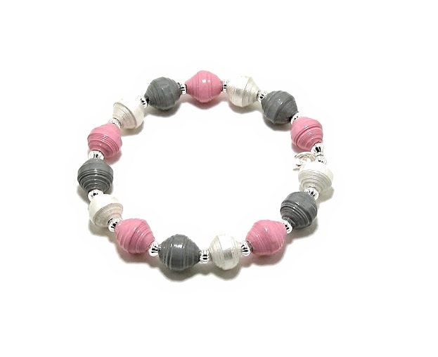 Paper Bead Bracelet - Pink Gray White Handmade Paper Beads - PetuniasWhimsy