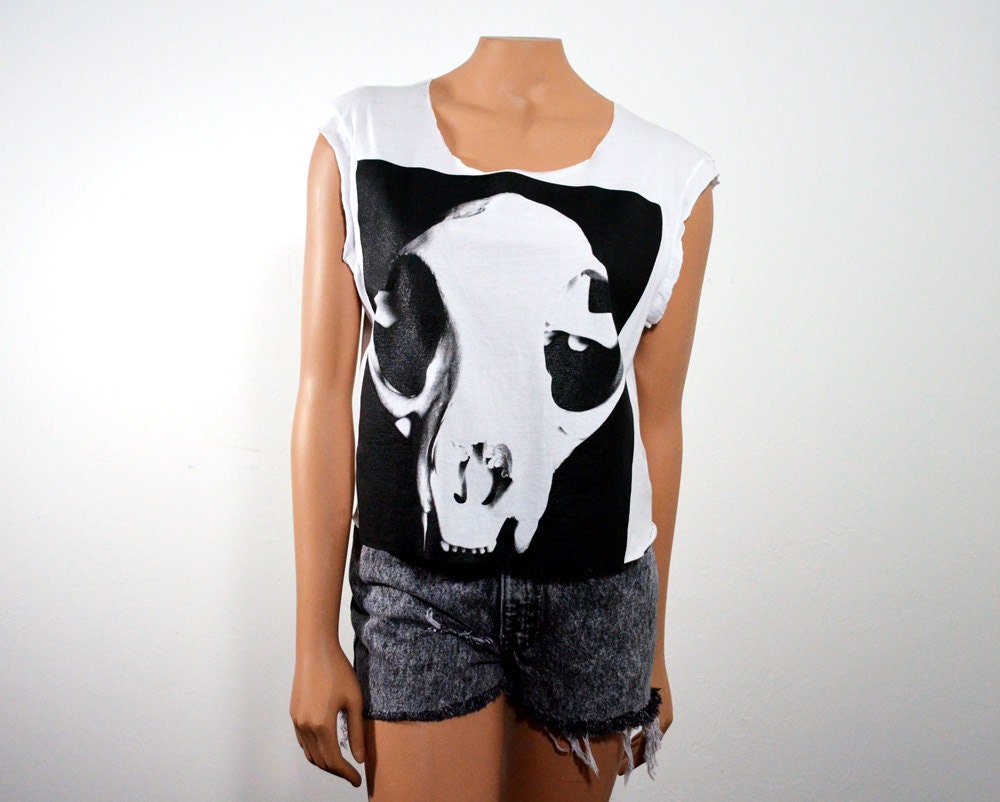SALE Bobcat Skull Sleeveless Crop Top Black White Oversize Women's Small