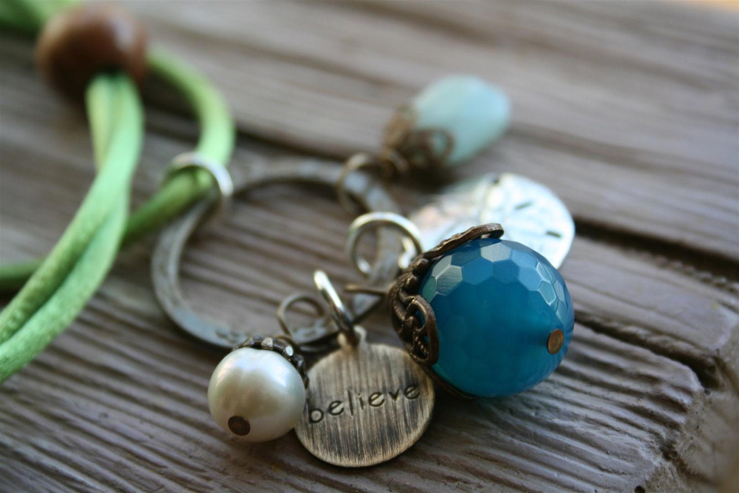 BELIEVE charm pendant in ocean theme in Vintaj brass and sterling silver