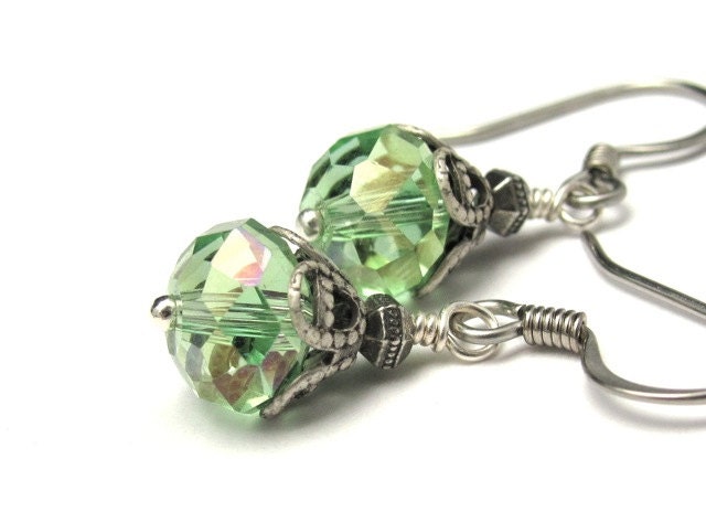 SALE Mint Green Glass Earrings Faceted Beads Dainty Dangles Affordable Earrings Antiqued Silvertone