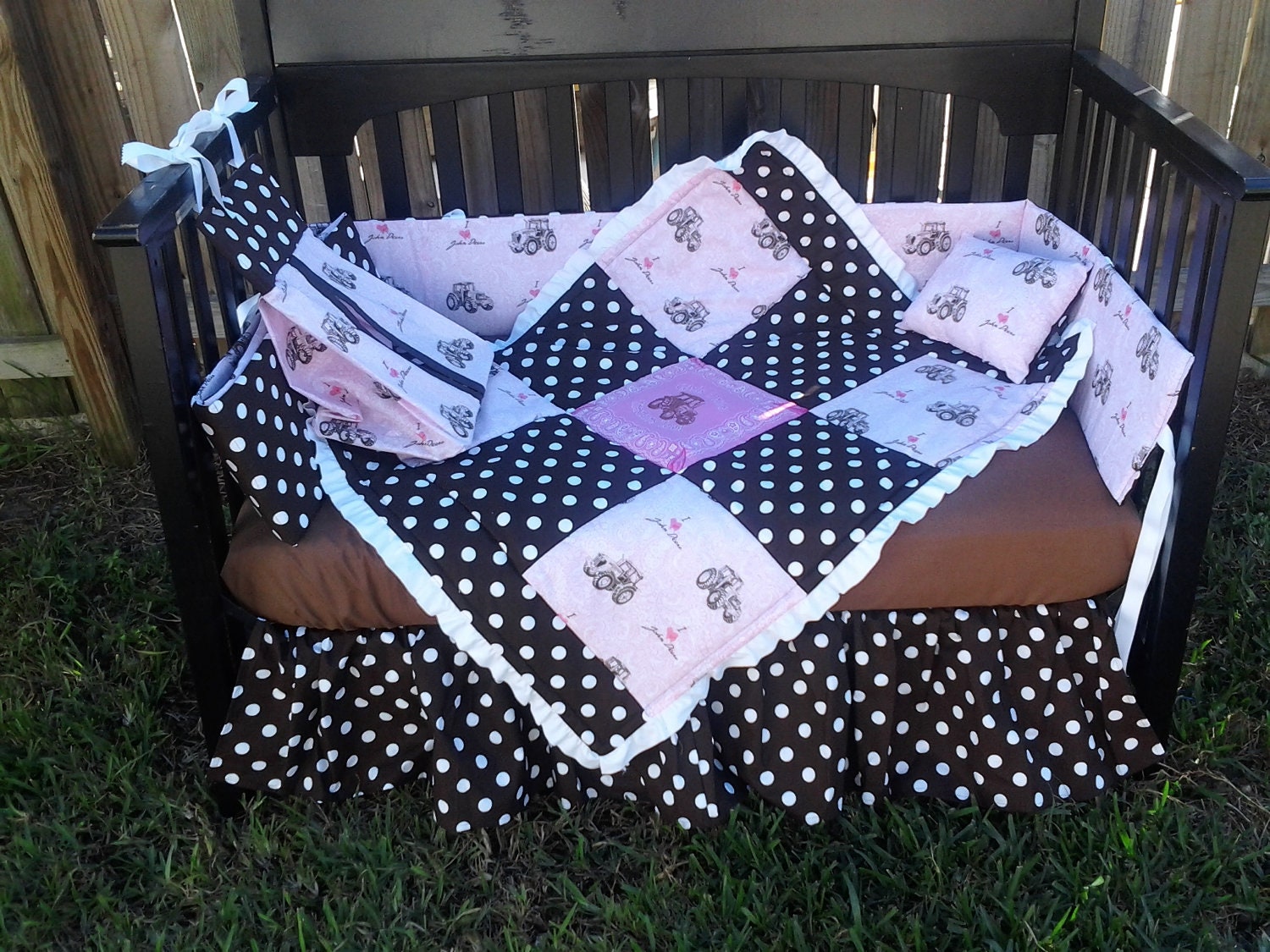 New Pink John Deere and Brown White Polka Dot baby Crib Bedding Set
