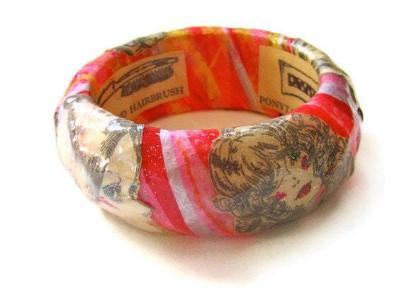 Art Jewelry - Retro Beauty Bangle - black and white ephemera, pink, yellow, orange, decoupaged collage bracelet, unique paper accessory