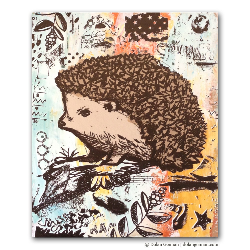 Pastel Sunshine Hedgehog, Panel Painting on Wood, Springtime Flower, Home and Garden Decor