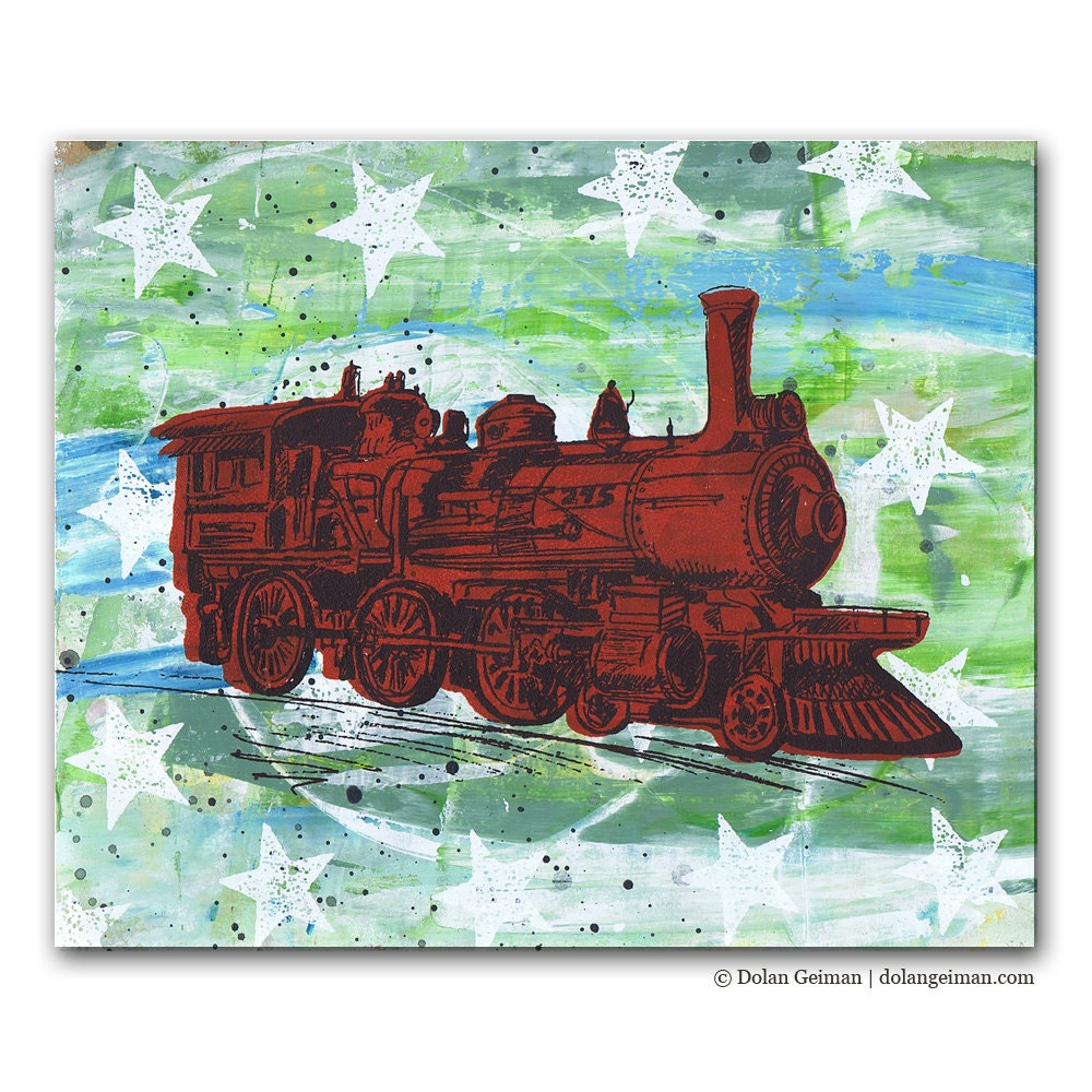 Red Train Panel Painting, Original Screenprint Art on Wood for Boys Room, Americana Stars and Stripes