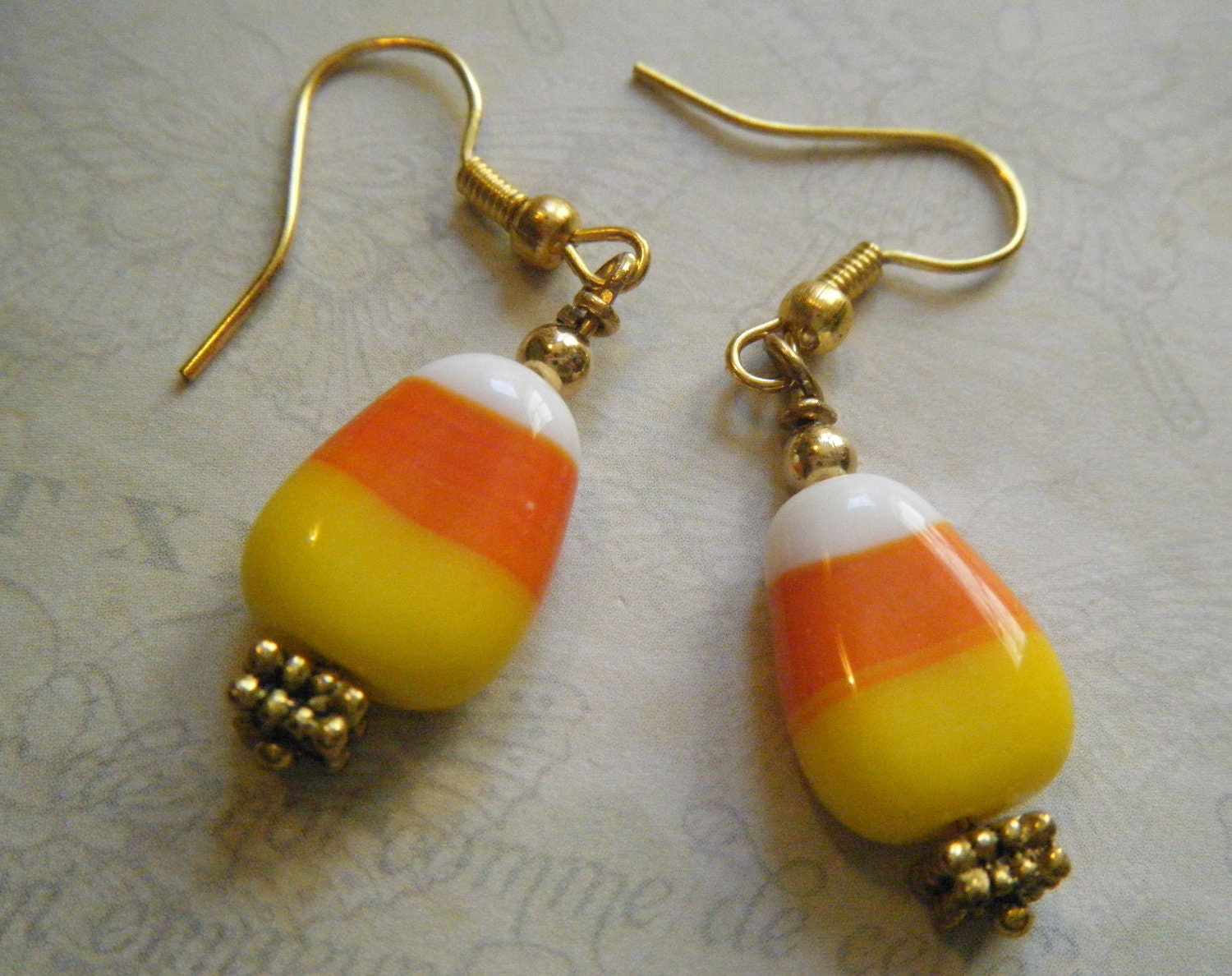 Halloween Candy Corn Earrings, Lampwork Glass Beads, Holiday, Autumn, Kitsch, Orange