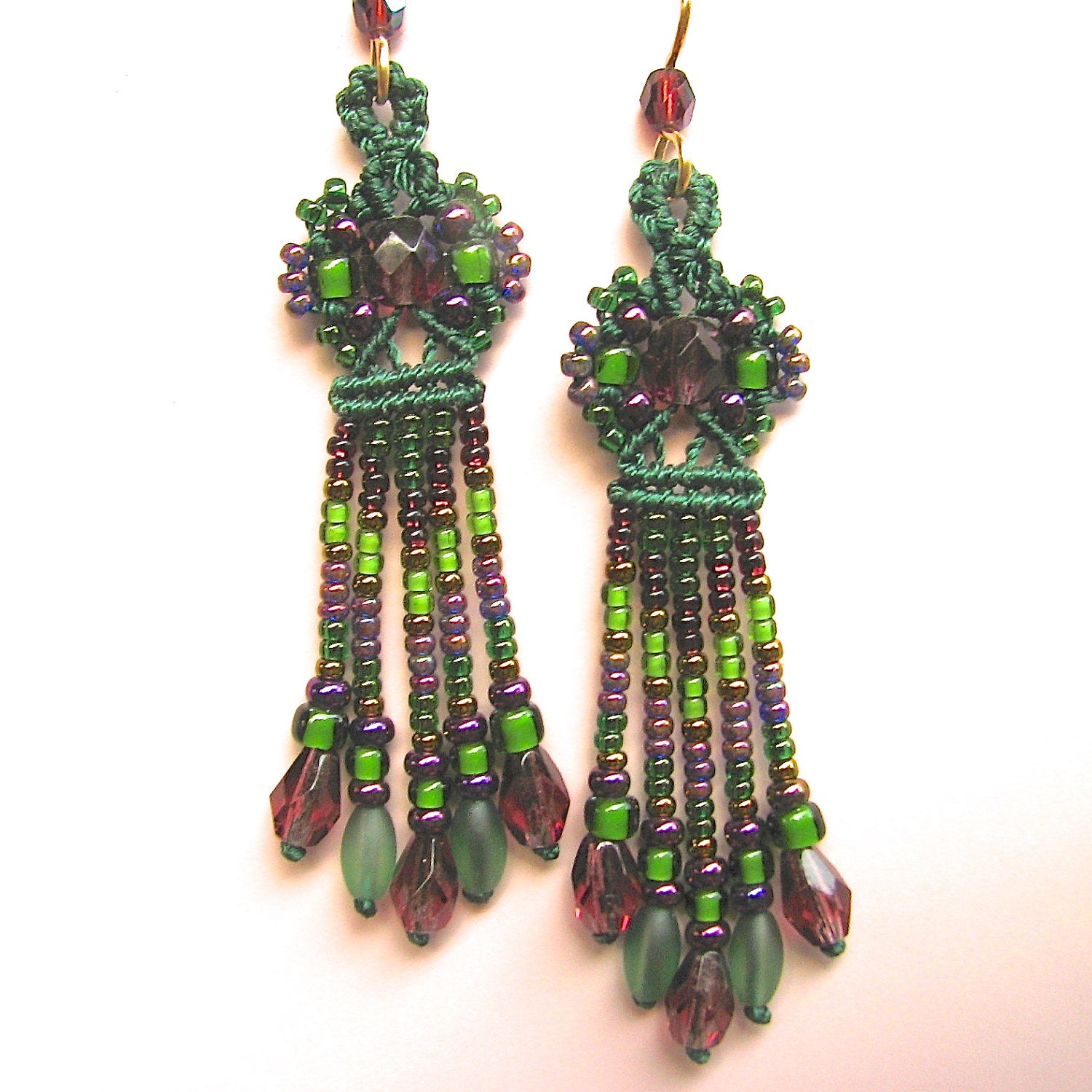 Long Beaded Earrings -Macrame Beading -Micro Macrame Jewelry -Green and purple-Petite style