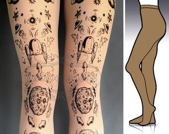 L/XL Lost in Space tattoo tights / stockings / full length / pantyhose / nylons Cafe Latte