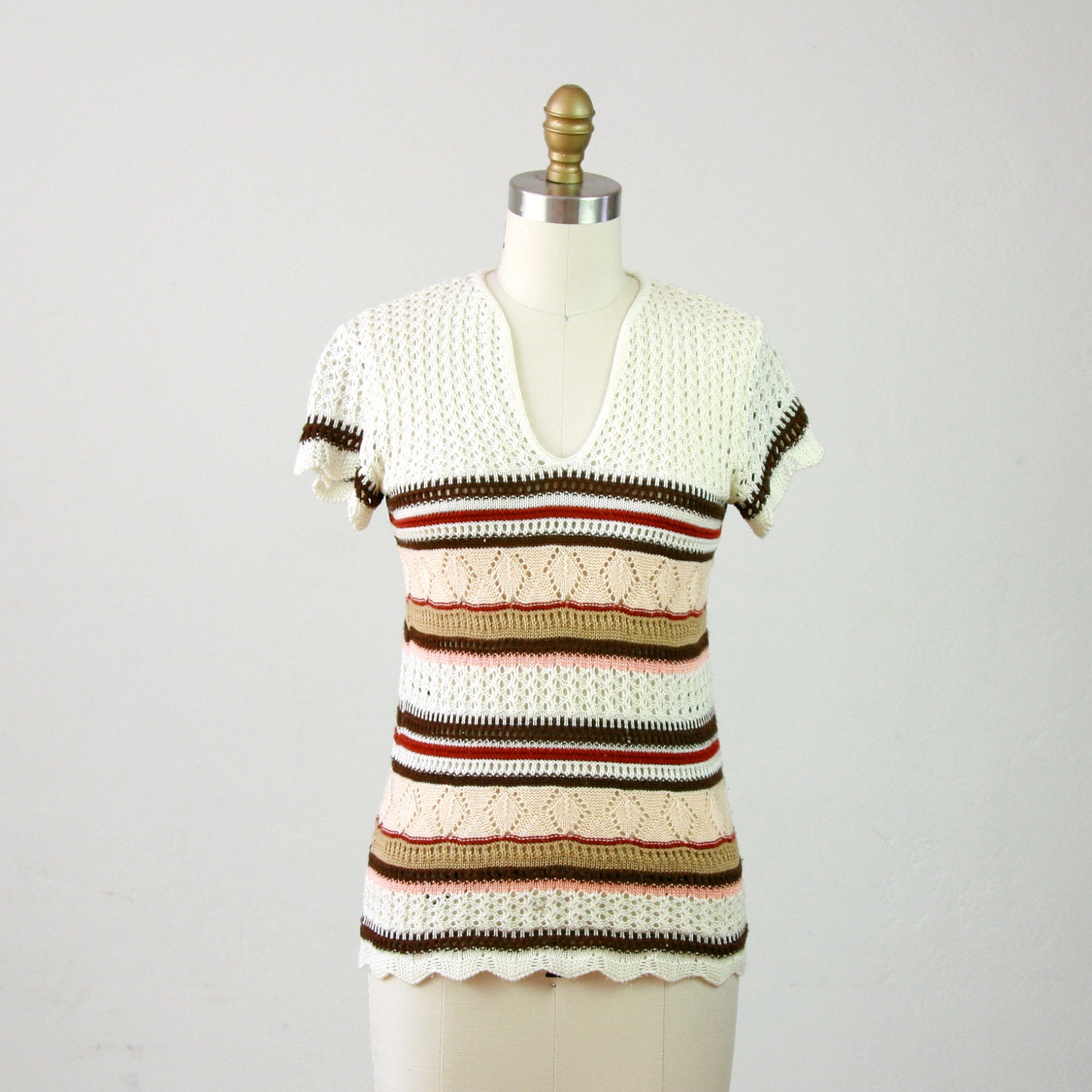 1970s Openwork Knit Scallop Stripe Top