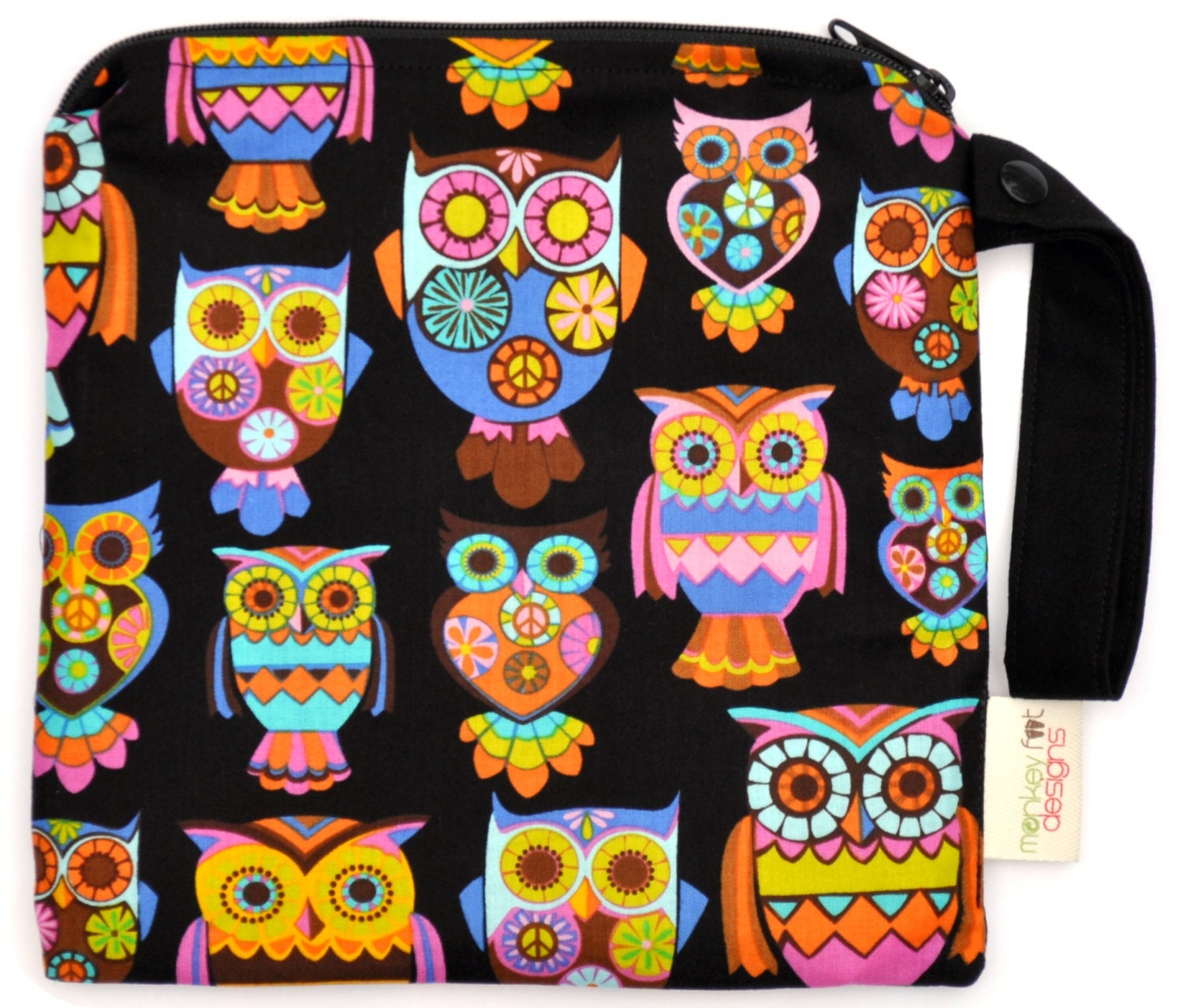 Small 9 x 9 Wet bag  / Snack / Swim / Diapers / Bright Peace Owls / SEALED SEAMS and Snap Strap