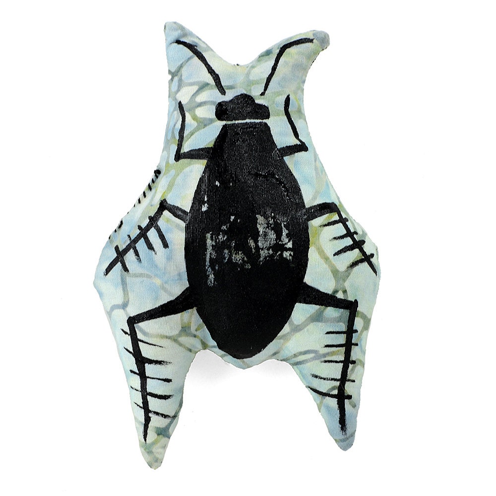 catnip cockroach drawn on blue green batik fabric