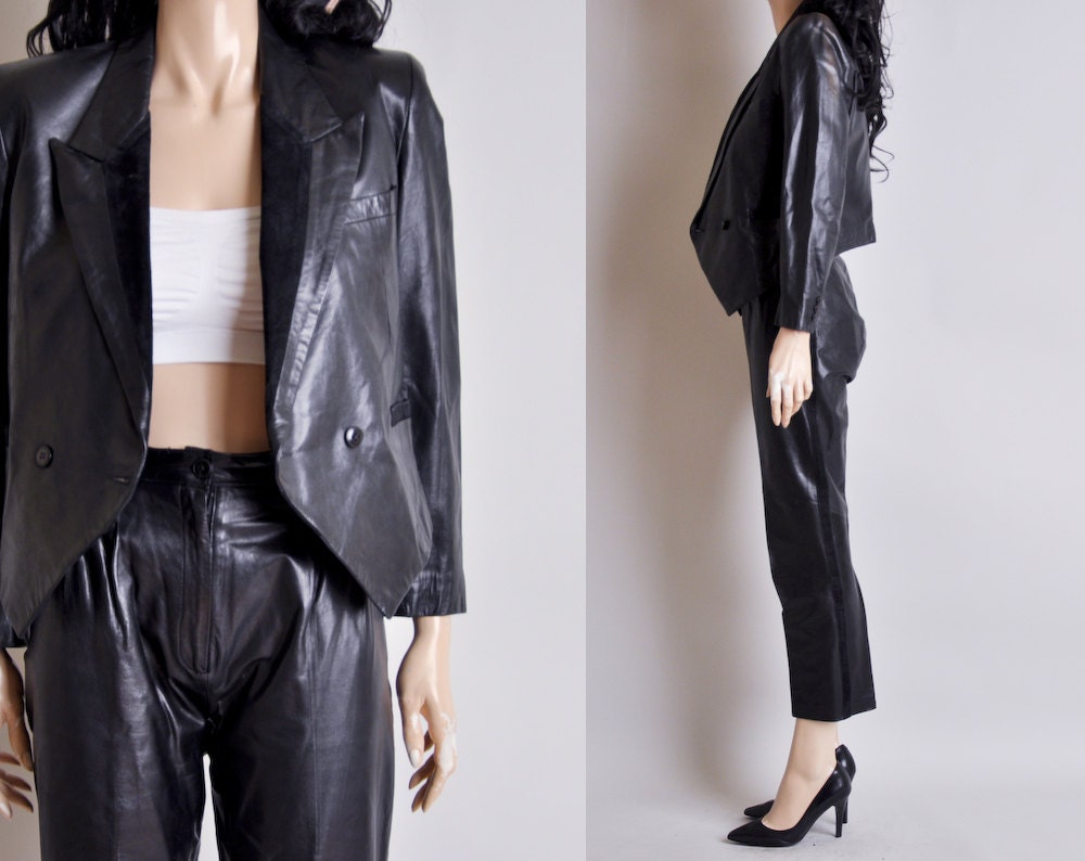 black leather tuxedo jacket suit pants s