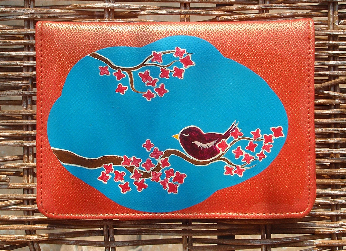 Iridescent Orange Passport Wallet - Cherry Blossom Bird
