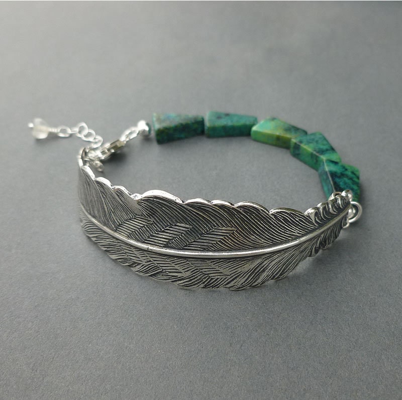 silver feather bracelet cuff turquoise triangle gemstone beads and sterling silver chain