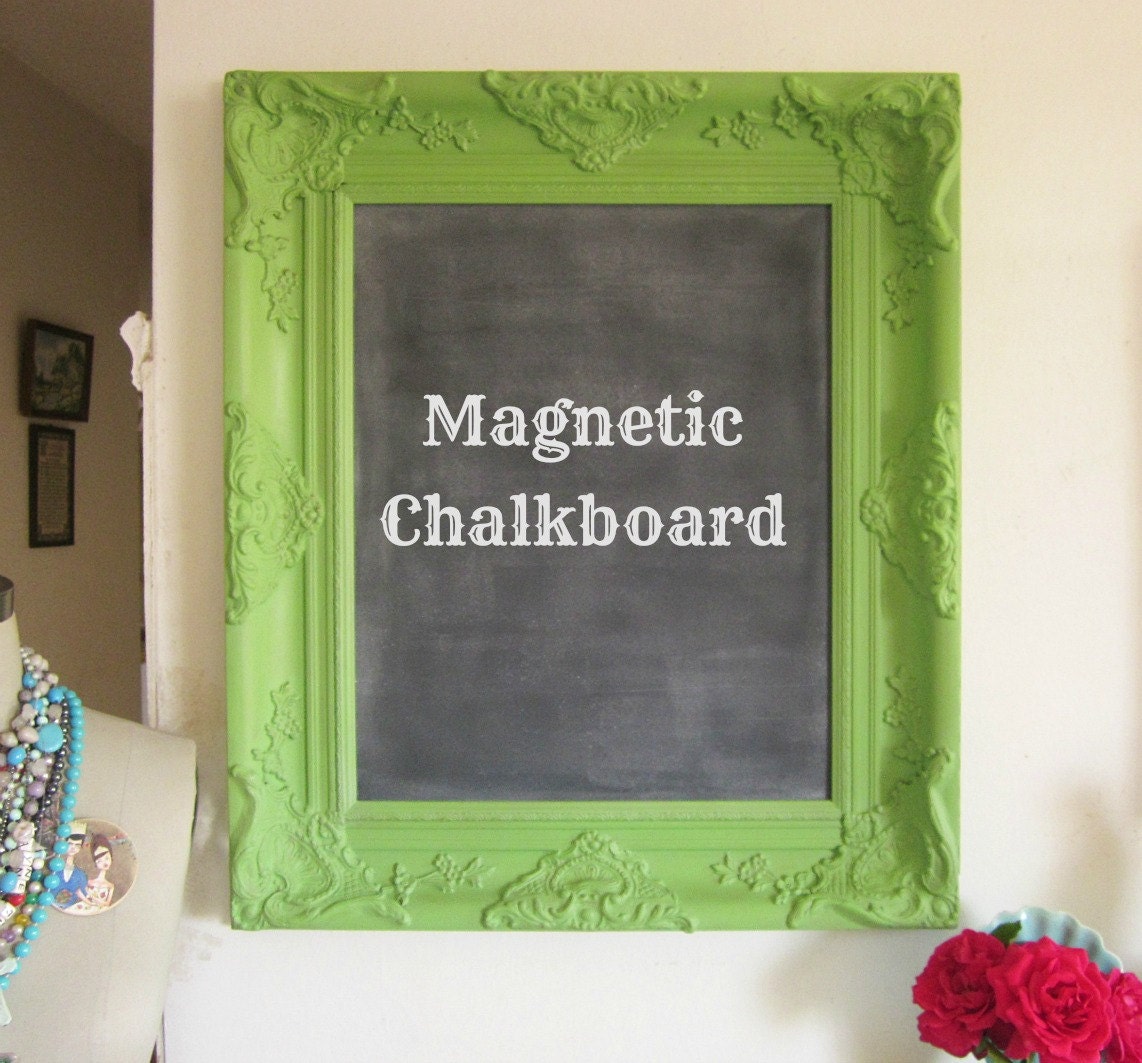 Chalkboard, Magnetic Chalkboard, Memo Board, Ornate Vintage Frame, Distressed, 24 x 28 Kelly Green