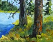 Original Oil Painting, Evergreen Tree Landscape, , Small 4x5 on Canvas, Oregon Landscape, Dechutes River, Wall Decor