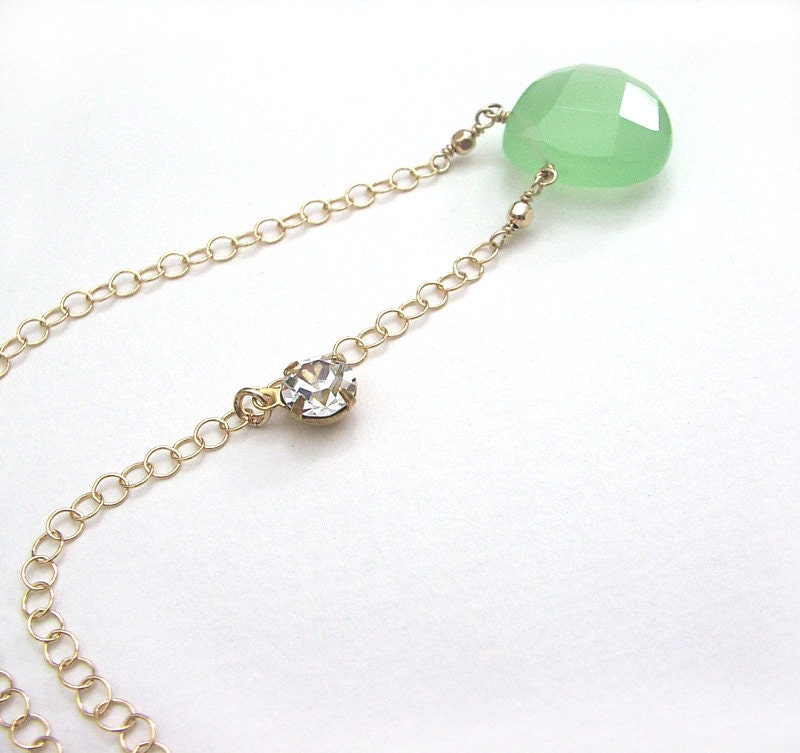 Green Chalcedony Necklace, Gold Filled Chain Swarovski Crystal Accent, Under 100 Dollars - ZhivanaDesigns