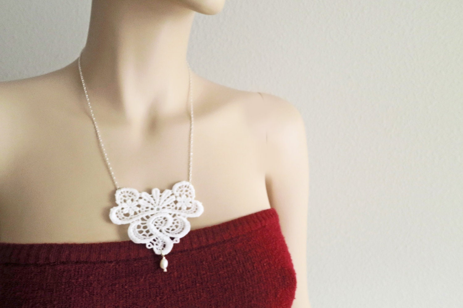 Last One Romantic White Lace Necklace with Pearl for Bride Bridesmaids, Wedding Pearl Jewelry Necklace