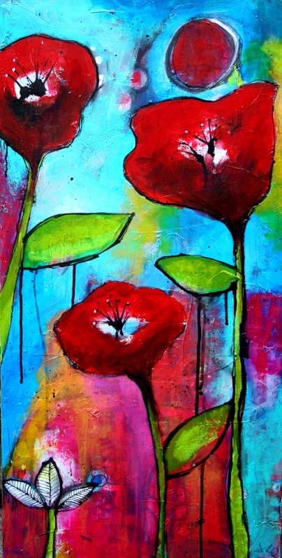3 Poppies Large  format Lush Textured Acrylic Painting by Jodi Ohl  Flowers Expression Blue Green and Red