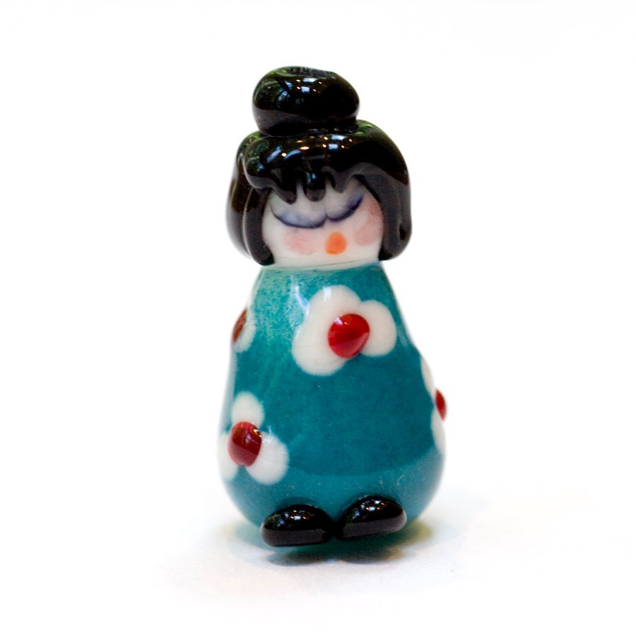 Kokeshi Doll Lampwork Glass Bead Focal Handmade Turquoise Girl White Red Flowers