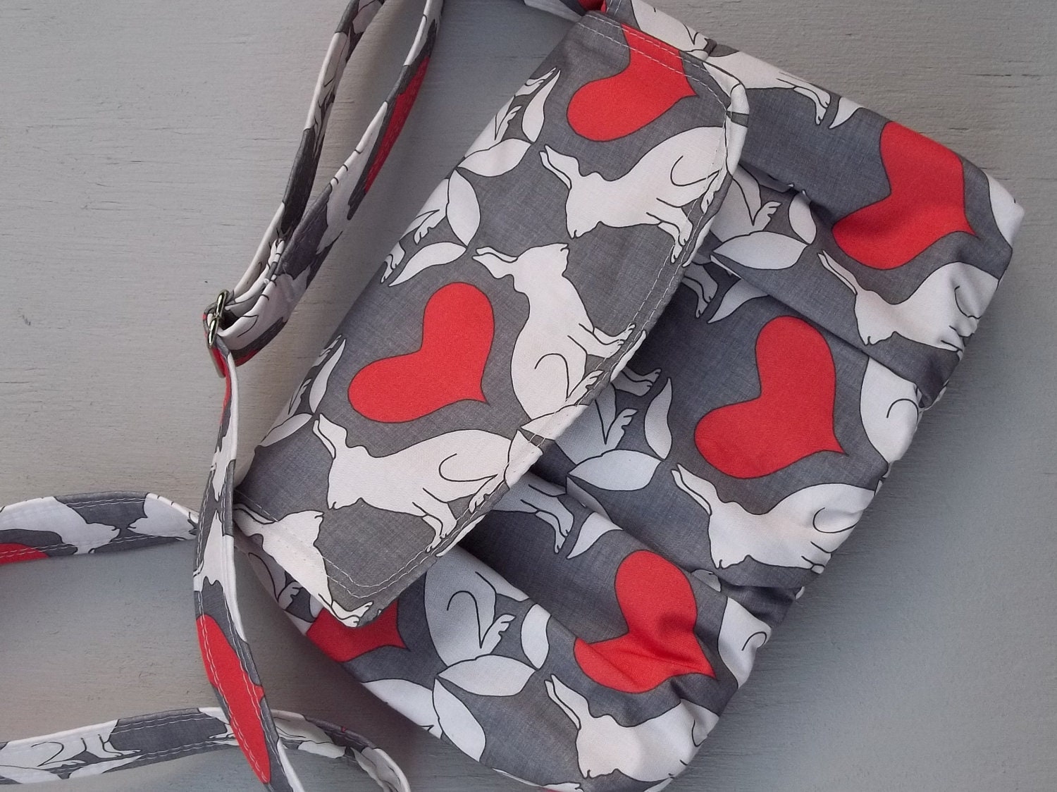 Grey Rabbit Purse - Whimsical Red Heart Love - Zippered Pocket - Adjustable Strap