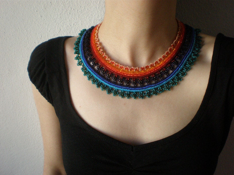 Allure - Beaded Necklace - Orange Red Purple Emerald Green ... Crochet Necklace - Beadwork
