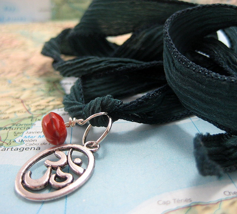 Yoga Wrap Necklace/Bracelet with Silver Om Pendant on Dyed Dark Green Silk Ribbon