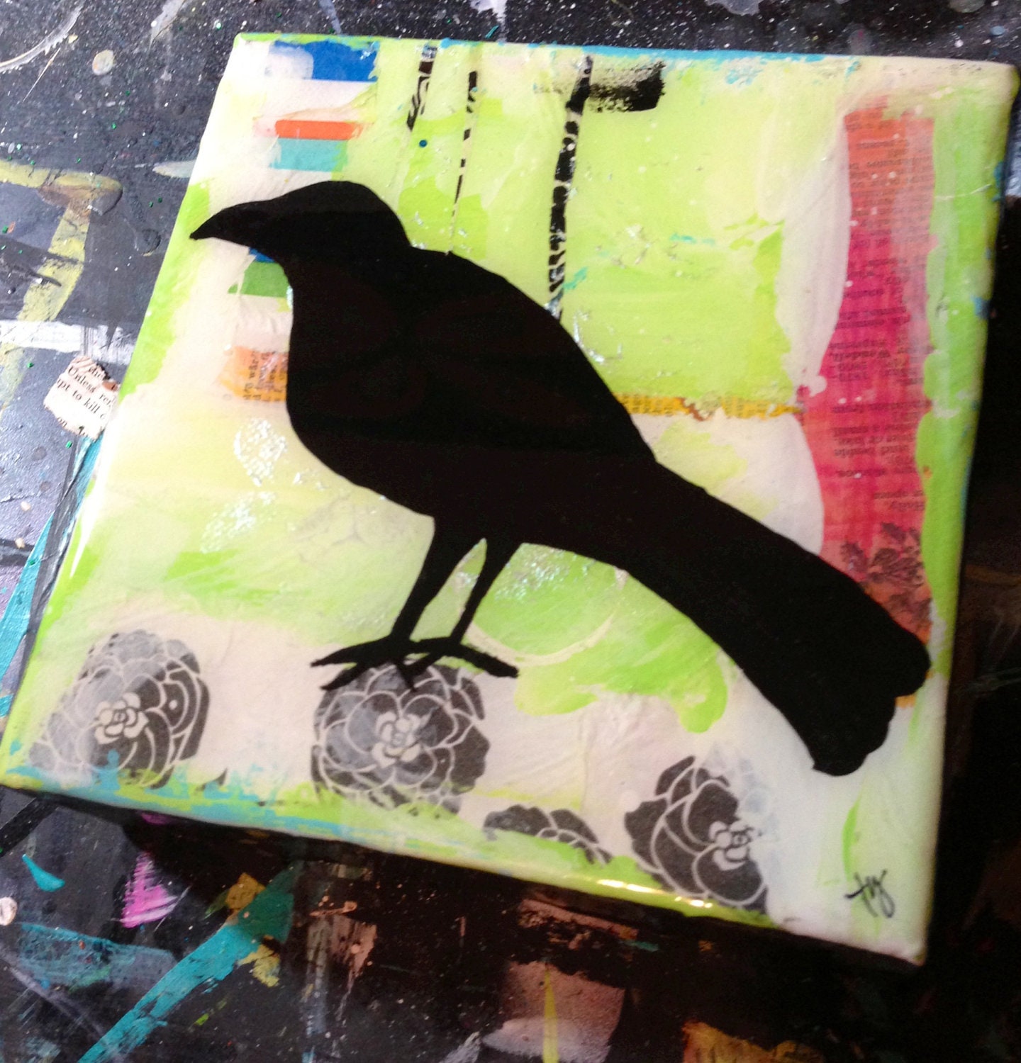Blackbird crow on green background painting on canvas