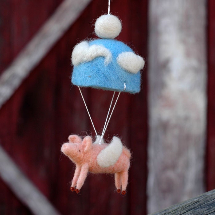 Parachuting Flying Pig Mobile - Needle Felted Whimsy for Nursery or Office