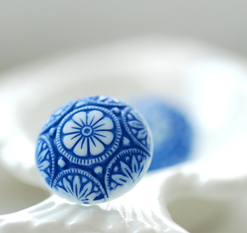 Flower Studs, Blue and White Earrings, Etched Glass Earrings, Handpainted Earrings, Glass Earrings, Post Earrings, Steel Posts