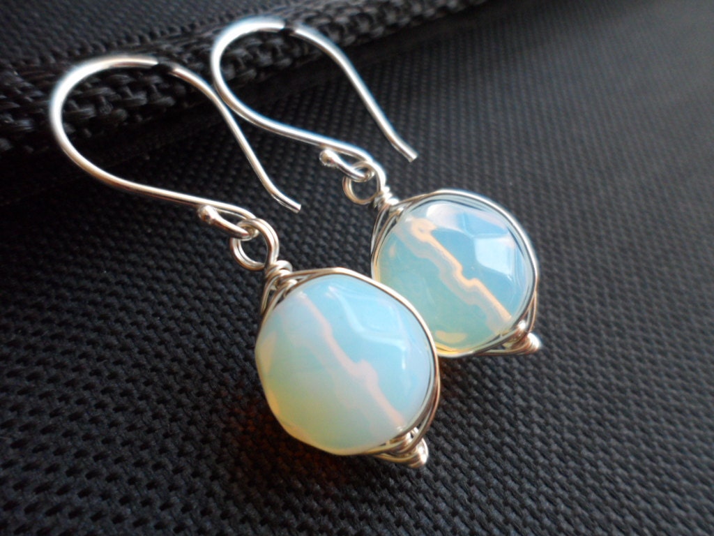 Wire Wrapped Opalite Sterling Silver Earrings - October Birthstone