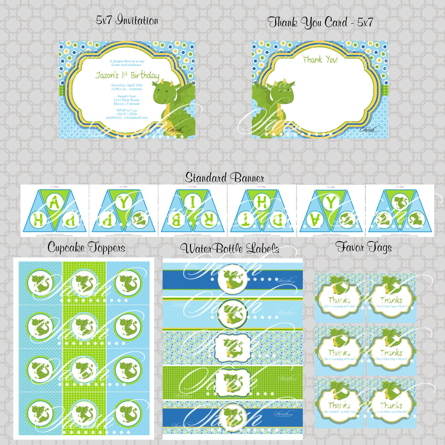 Dragon Birthday Party Package: Printable DIY Includes custom 5x7 invite, favor tags, cupcake toppers, water bottle labels and more Il_570xn