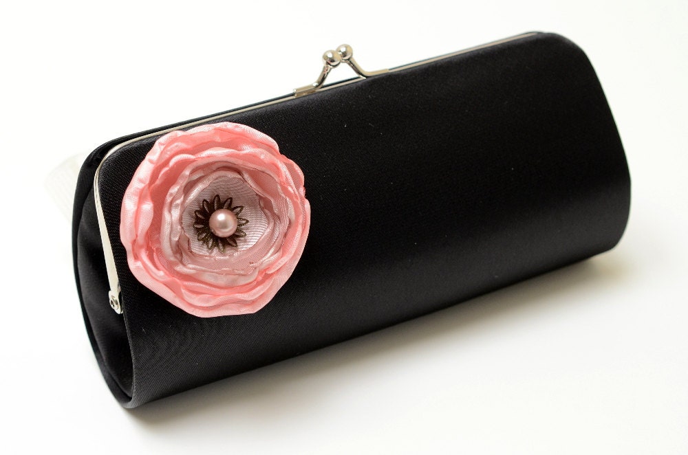 Bridal Clutch Bridesmaid Clutch - Black Clutch -  Dusty Rose Pink & Black Petite Flower Bloom