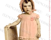 PNG or Jpeg CUTOUT Instant Download Precious in Pink Victorian TODDLER on Chair Sepia & Pink Antique French postcard Digital scan