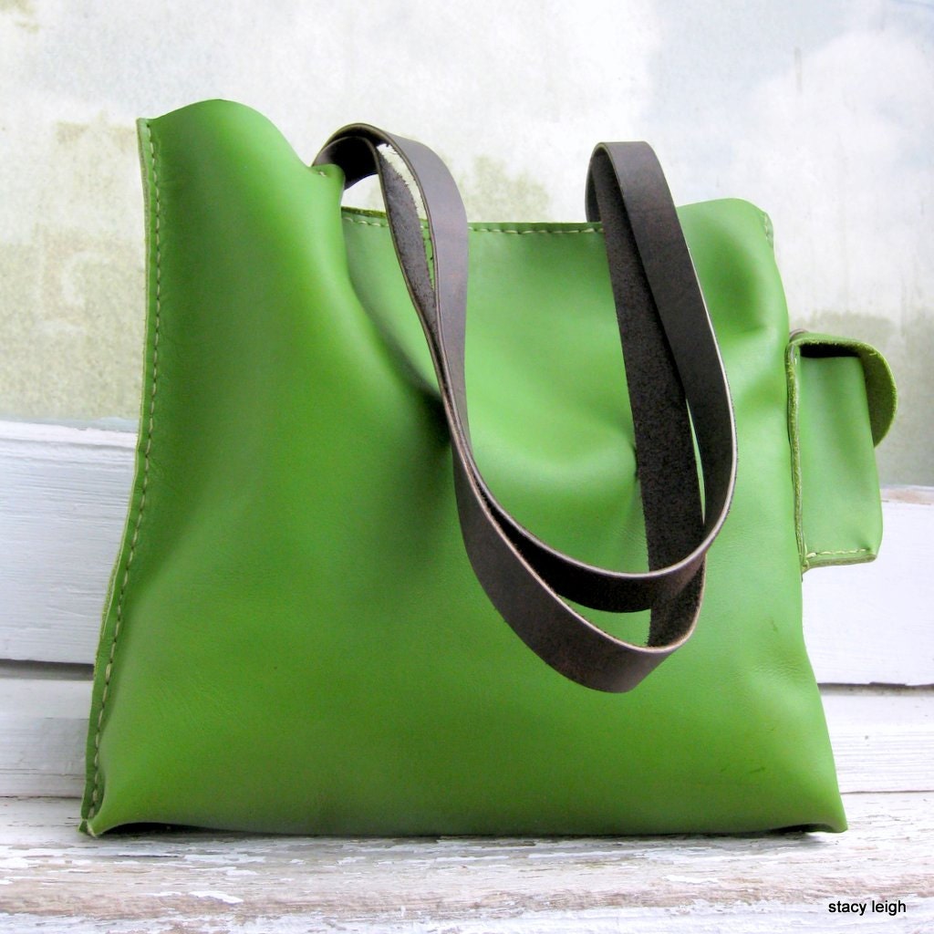Grass Green Petite Leather Tote Bag with Ammo Pouch by Stacy Leigh
